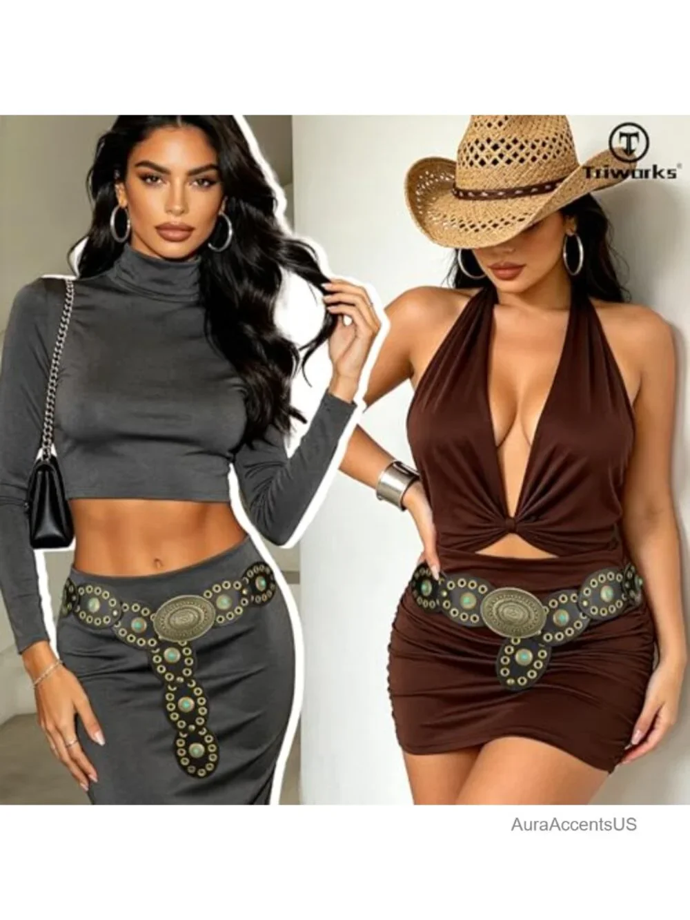 Wide Cowgirl Disc Belt with Turquoise Concho PU Leather Western Belt for Dress